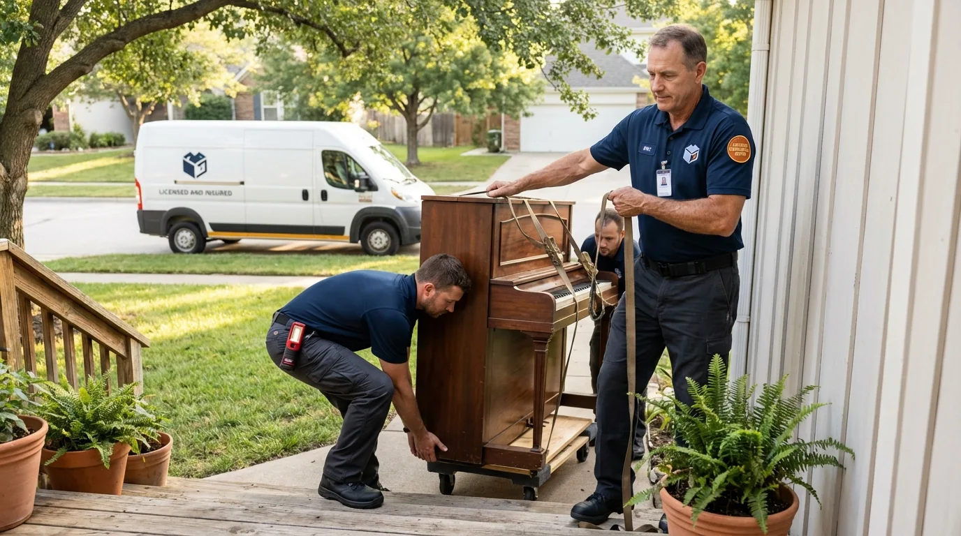 Licensed piano movers securing grand piano in West Nyack, NY