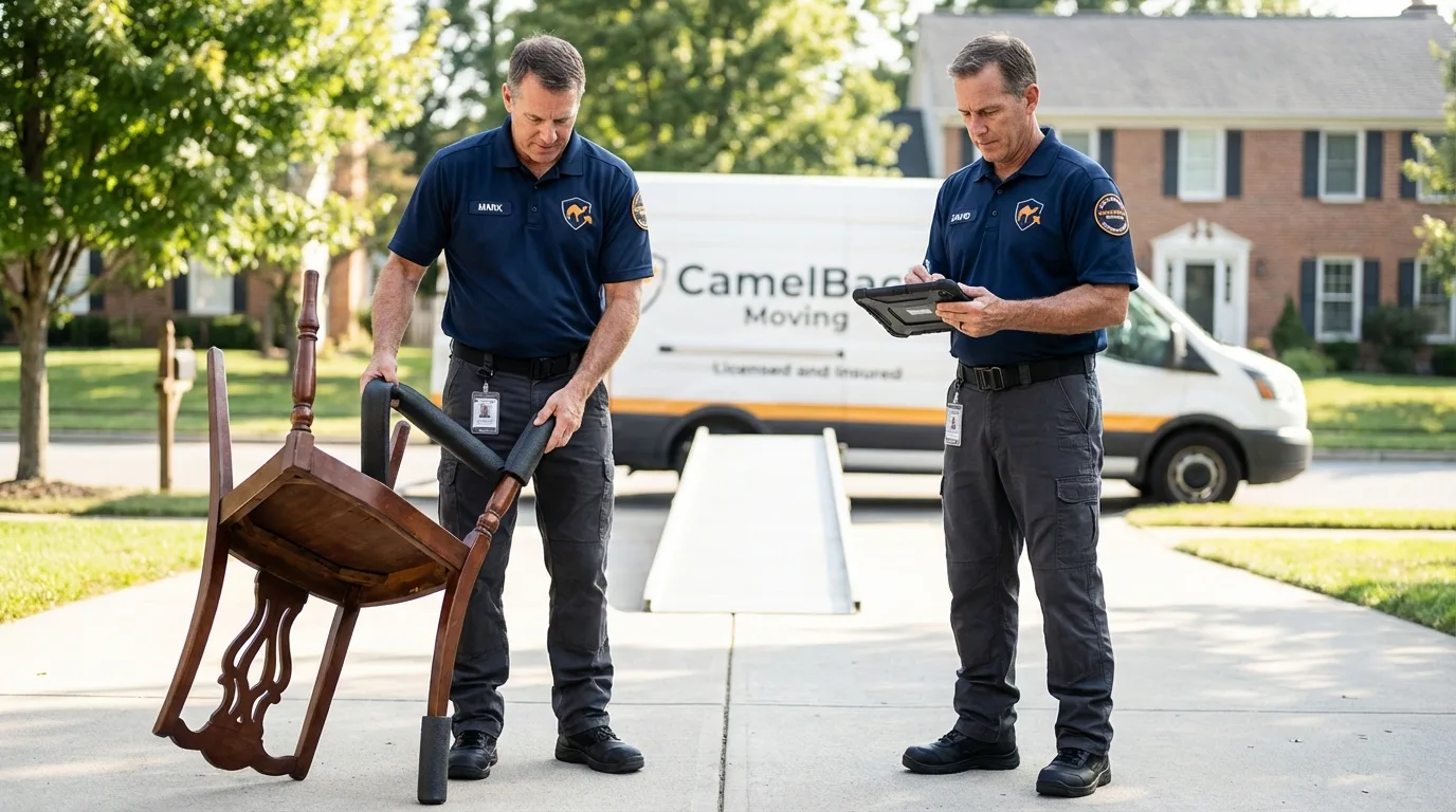Movers inspecting furniture for damage prevention before loading in West Nyack, NY
