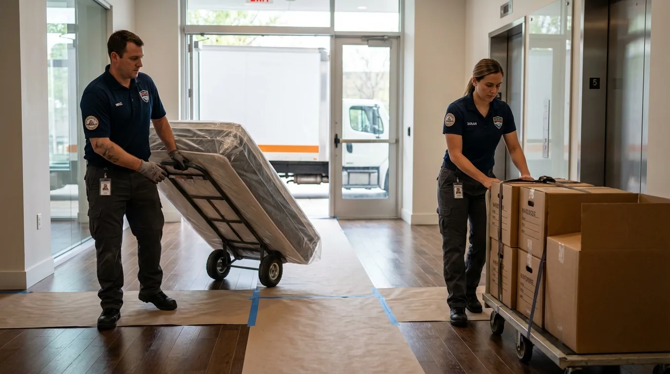 Professional apartment movers loading elevator in West Nyack, NY