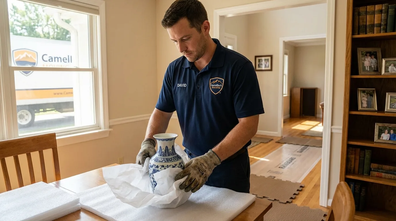 Professional crew carefully wrapping antique vase for senior downsizing move in West Nyack, NY